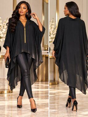 NWT - Gracia Asymmetric High-Low Sheer Batwing Poncho Blouse SZ M